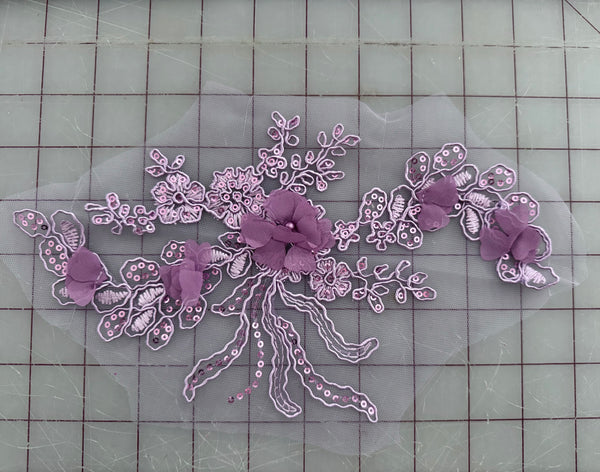 Applique - Corded Sequined Embroidered 3D Lavender Motif