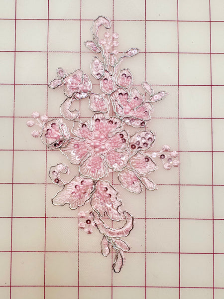 Applique - Beaded and Sequined Pale Pink and Silver-Corded Motif Only One Left!