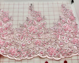 Fancy Lace - 36-inch Border Metallic Silver-Corded Beaded Embroidered Pink