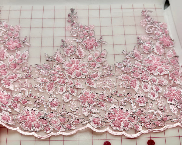 Fancy Lace - 36-inch Border Metallic Silver-Corded Beaded Embroidered Pink