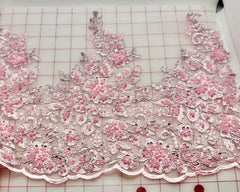 Fancy Lace - 36-inch Border Metallic Silver-Corded Beaded Embroidered Pink