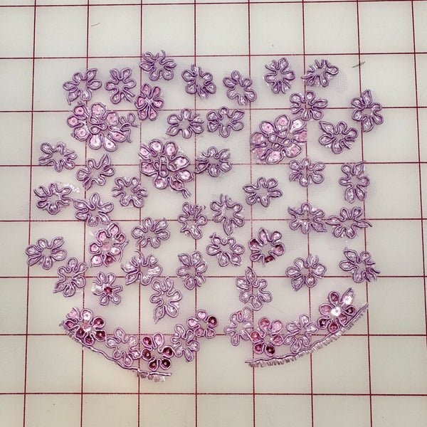 Applique - Corded Sequined Embroidered Lilac Flowers