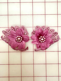 Applique - 3D Flower Pair Beaded Embroidered Dusty Mauve New!