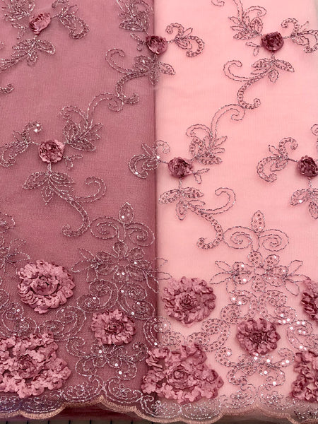 Fancy Lace - 52-inches Wide Sequined Mauve Pink with Metallic Silver and 3D Flowers