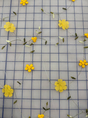 Fancy Organza- 50-inches Wide Soft White Tulle with 3D Yellow Flowers and Embroidered Vines