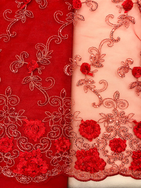 Fancy Lace - 52-inches Wide Sequined Red with Metallic Silver and 3D Flowers