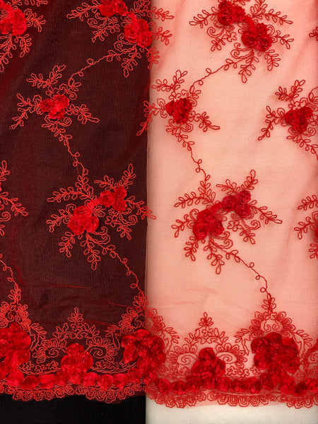 Fancy Lace - 52-inches Wide Red with 3D Flowers Special Purchase!