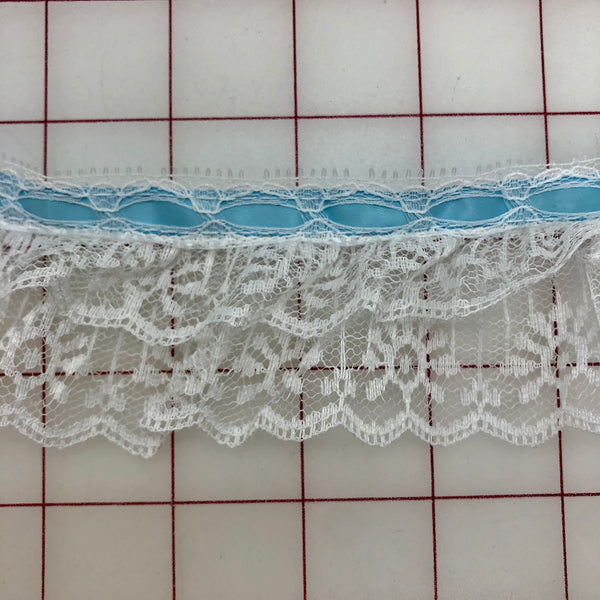 Trim - 2.5-inch Ruffled Lace White with Light Blue Ribbon