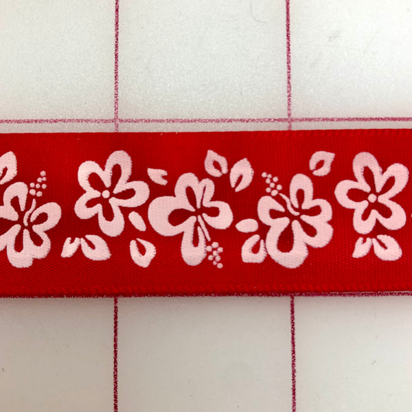 Ribbon Trim - Satin Floral Design Red