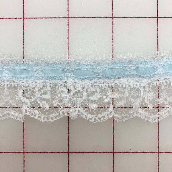 Trim - 1.75-inch Ruffled Lace White with Light Blue Ribbon