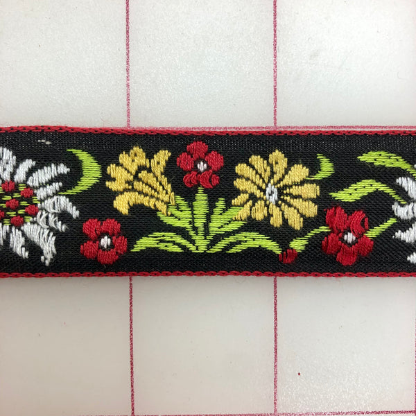 Ribbon Trim - Floral Design White with Red, Green on Black 1-inch wide