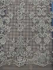 Fancy Lace - 52-inches Wide Metallic Corded Embroidered Silver on White