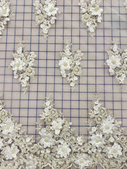Fancy Lace - 52-inches Wide 3D Flowers Beaded Embroidered Ivory