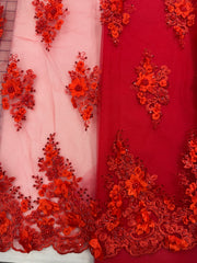 Fancy Lace - 52-inches Wide 3D Flowers Beaded Embroidered Red