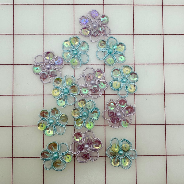 Applique - 1-inch  Sequined Flowers Light Blue and Lilac Per 13-Pack