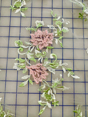 Appliques - Silver Corded White Tulle with Pink and Green Embroidered Flower Motif Pairs