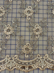 Fancy Lace - 53-inches Wide Silver Metallic Corded Embroidered Champagne Flower Motifs NEW!!