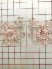 Applique - Silver Metallic Corded Embroidered European Pink Flower Motif Pairs