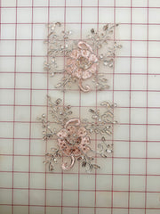 Applique - Silver Metallic Corded Embroidered European Pink Flower Motif Pairs