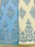 Fancy Lace - 52-inches Wide Metallic Silver-Corded Beaded Embroidered Light Blue