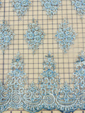 Fancy Lace - 52-inches Wide Metallic Silver-Corded Beaded Embroidered Light Blue