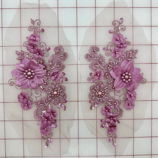 Applique - 3D Flowers Beaded Embroidered Dusty Mauve Pairs