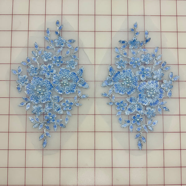 Appliques -  Metallic Silver-Corded Beaded Embroidered Pairs Light Blue