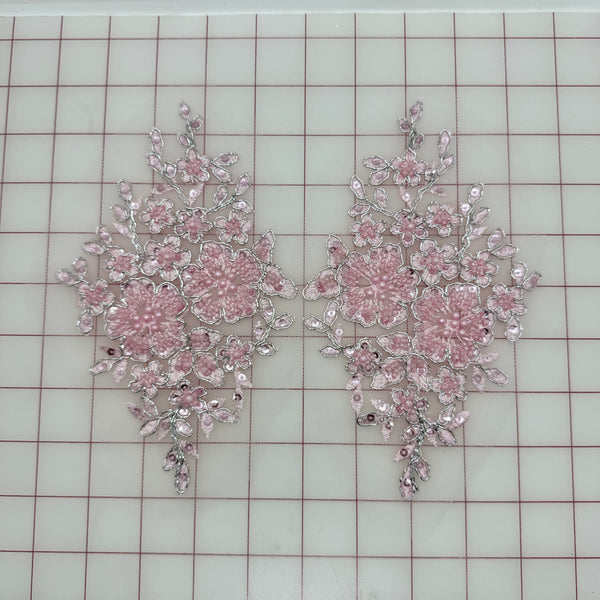 Applique - Metallic Silver-Corded Beaded Embroidered Pairs Light Pink