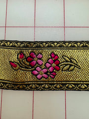 Metallic Ribbon- 1-inch Metallic Gold with Fuchsia Flower Design