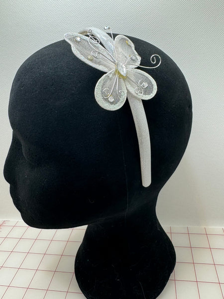 Headpiece Form: Plastic Headband with Butterfly Decor White 3/8-inch Wide Close-Out