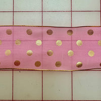 Vintage Ribbon - 1.5-inch Aspirin-Dot Metallic Gold on Pink Close-Out