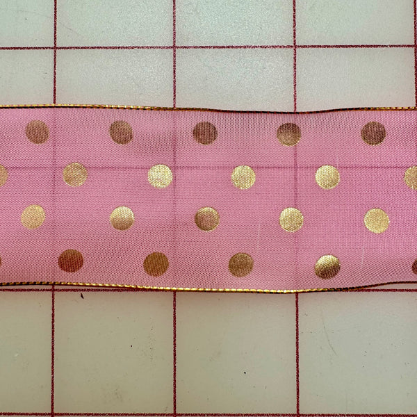 Vintage Ribbon - 1.5-inch Aspirin-Dot Metallic Gold on Pink Close-Out