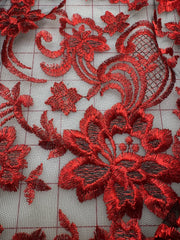Grab Bag - 52-inches Wide Metallic Red Embroidered on Black Tulle 1.25YD Piece