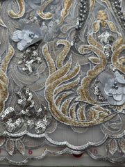 Grab Bag - Silver Grey and Gold Embroidered Tulle with Sequins and Pearls .75YD Piece