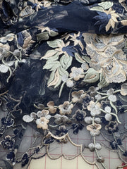 Grab Bag - 50-inches Wide Embroidered Pale Gold on Navy 1.25-YD Left!