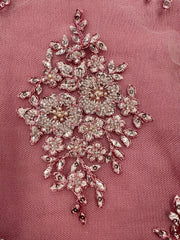 Applique - Metallic Corded Silver-Beaded Embroidered Rose Pink Pairs