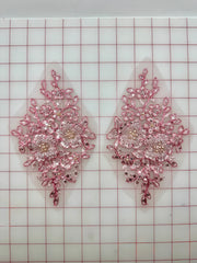 Applique - Metallic Corded Silver-Beaded Embroidered Rose Pink Pairs