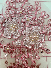 Applique - Metallic Corded Silver-Beaded Embroidered Rose Pink Pairs