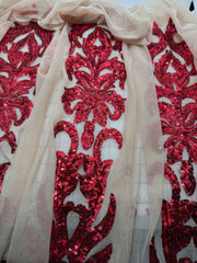 Grab Bag - Stretch Mesh - 62-inches Wide Pale Beige Skintone Mesh with Red Sequin Design .75YD