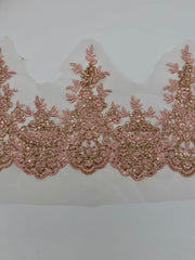 Trims - Sequined Scalloped Border Lace Pink with Gold New!