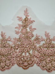 Trims - Sequined Scalloped Border Lace Pink with Gold New!