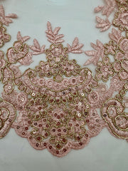 Trims - Sequined Scalloped Border Lace Pink with Gold New!