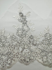 Trims - Sequined Scalloped Border Lace White with Silver New!