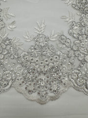Trims - Sequined Scalloped Border Lace White with Silver New!