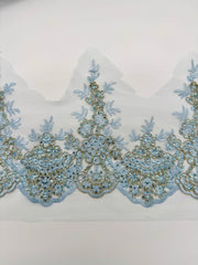 Trims - Sequined Scalloped Border Lace Light Blue with Gold New!