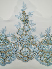 Trims - Sequined Scalloped Border Lace Light Blue with Gold New!