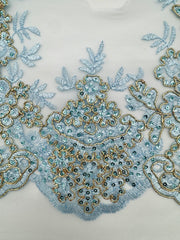 Trims - Sequined Scalloped Border Lace Light Blue with Gold New!