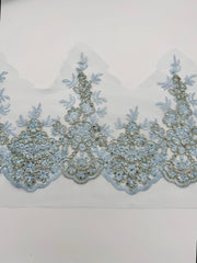 Trims - Sequined Scalloped Border Lace Light Blue with Gold New!