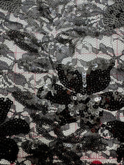 Designer Remnant - 58-inches Wide Sparkly Sequined Lace with Flower Design Black