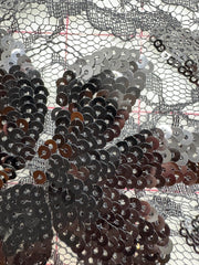 Designer Remnant - 58-inches Wide Sparkly Sequined Lace with Flower Design Black